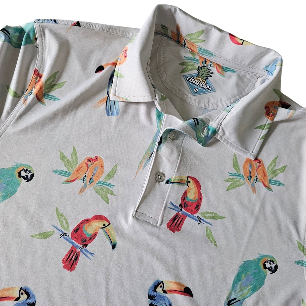 Chubbies Mens Polo Shirt White Tropical Toucan Parrot Bird Print Stretch Medium